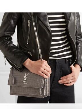 Yves Saint Laurent Gray Croc-Embossed Shoulder Bag with Silver YSL Logo